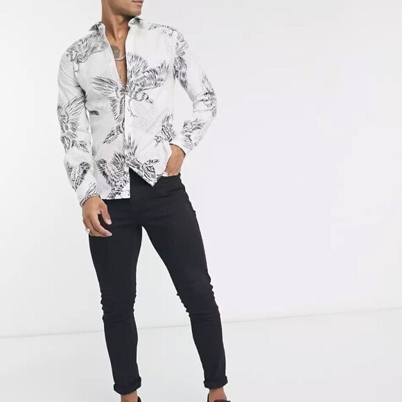 Twisted tailor mens button up 4x skinny collared shirt crows in white NWT - Picture 2 of 10